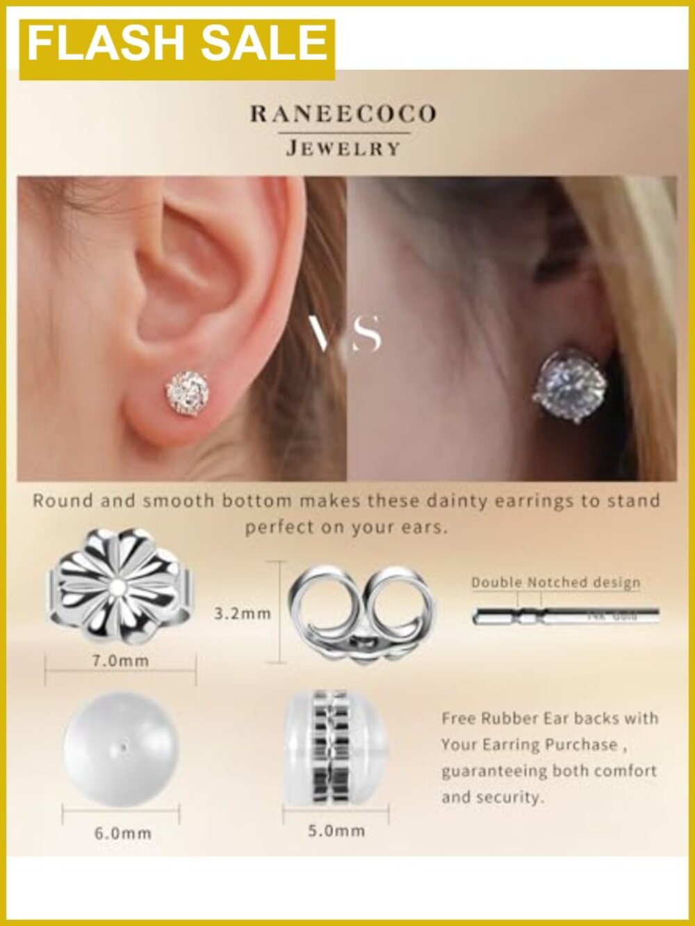 18K Gold Plated Silver Simulated Diamond Cubic Zirconia Stud Earrings - Picture 4 of 6